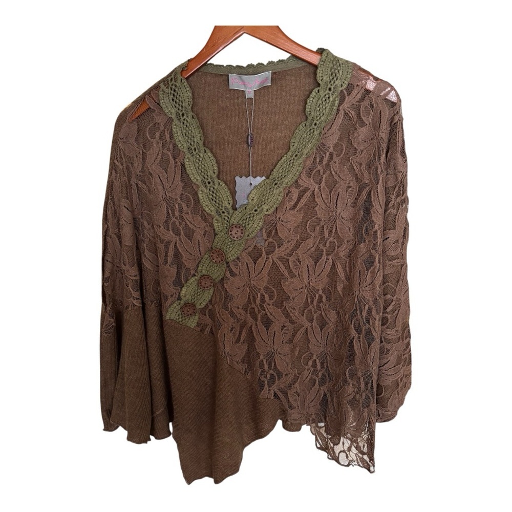 Pretty Angel Brown Lace & Crochet Trim Women's Sweater NWT